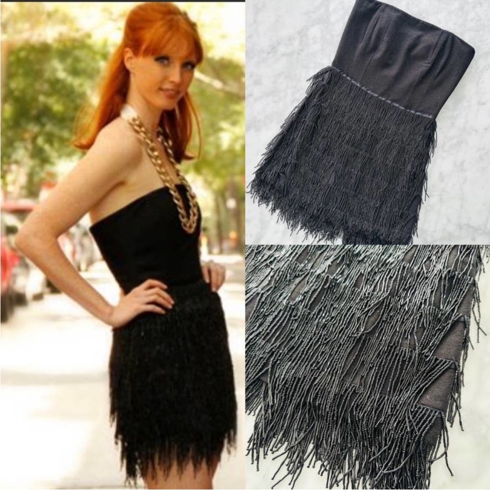 Allison Parris Black Beaded Fringe Strapless Mini Dress
